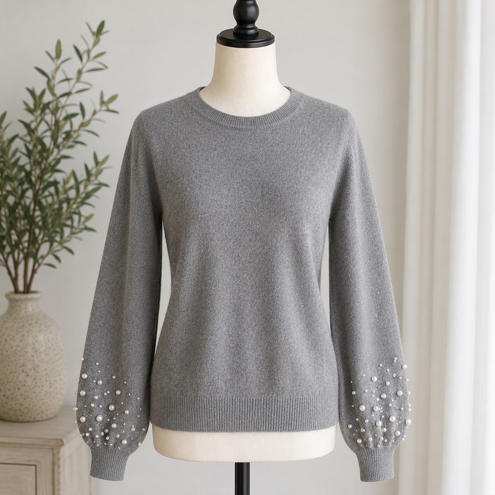 C by Bloomingdales Cashmere Sweater Womens Medium Gray Coquette Pearl Cuff Crew